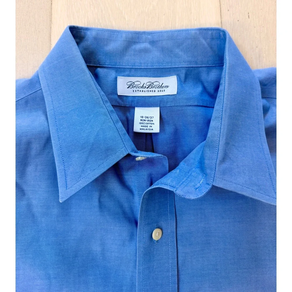 Brooks Brothers Mens 18-36/37 Non-Iron 100% Cotton Blue Dress Shirt Long Sleeve - Picture 2 of 3
